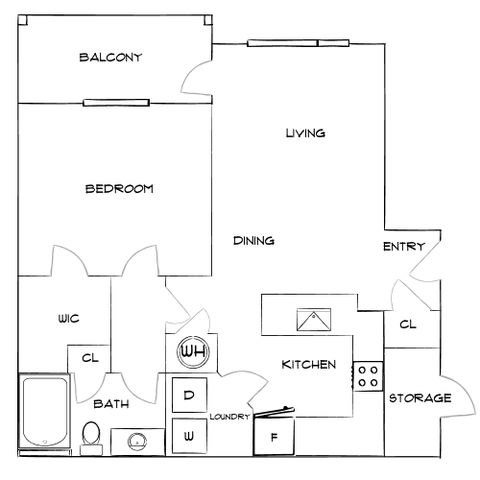 Modern floor plan showcasing a spacious living room, one bedroom with balcony access, and a stylish open kitchen in a well-organized layout.