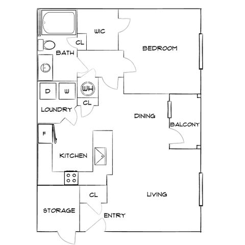 Modern floor plan showcasing one bedroom, open-concept dining and living areas, kitchen, laundry space, and a cozy balcony.