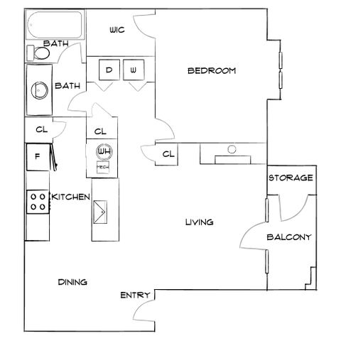 Modern floor plan featuring a spacious bedroom, two bathrooms, open kitchen with dining area, and a cozy living room leading to a private balcony.