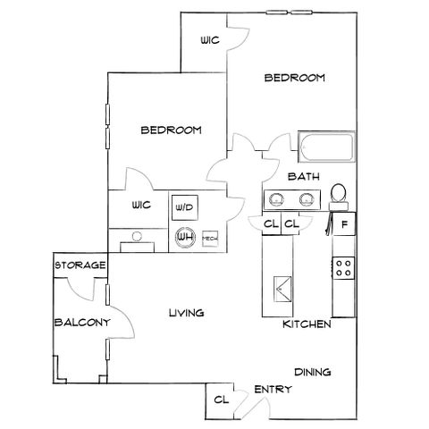 Modern floor plan with two bedrooms, a chic open-concept living area, kitchen, and private balcony, featuring ample storage space.