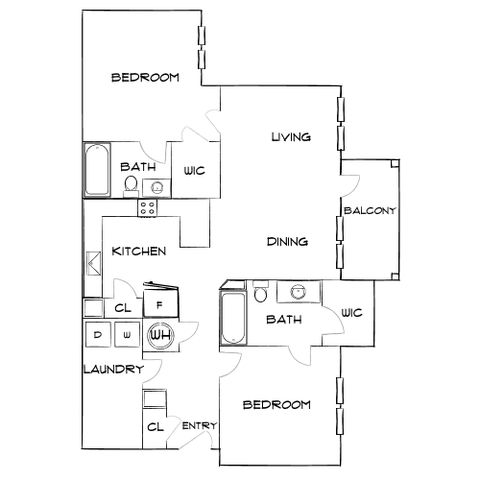 Modern 2D floor plan showcasing two cozy bedrooms, a spacious living and dining area, a functional kitchen, and a charming balcony.