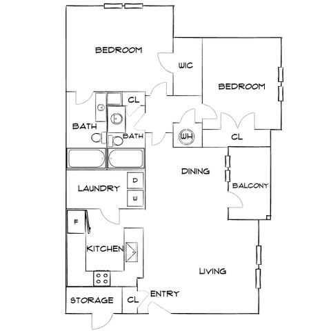 Modern floor plan showcasing two bedrooms, spacious living and dining areas, a functional kitchen, and a cozy balcony.