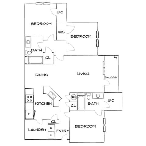 Elegant floor plan showcasing 3 bedrooms, open living and dining areas, a modern kitchen, and convenient balcony access for stylish apartment living.