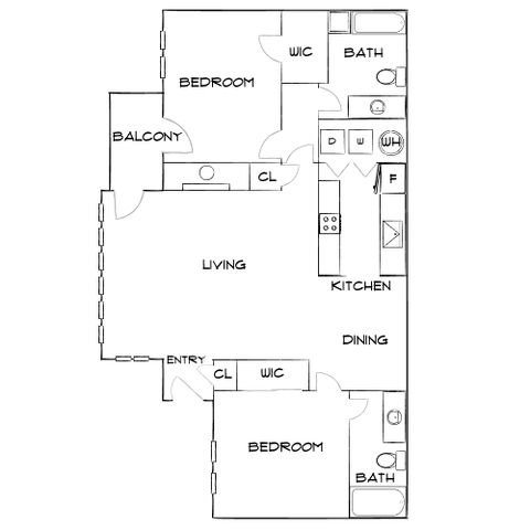 Sleek apartment floor plan featuring 2 bedrooms with attached baths, spacious living area, modern kitchen with dining space, and a charming balcony.