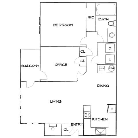 Contemporary floor plan showcasing 1 bedroom, a versatile office space, and an inviting open living area with balcony.
