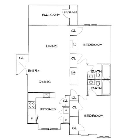 Sleek floor plan showcasing 2 bedrooms, open living and dining areas, modern kitchen, and a cozy balcony with storage.