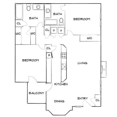 Modern floor plan showcasing 2 bedrooms, dual baths, open living and dining area, balcony access, and a sleek kitchen layout.
