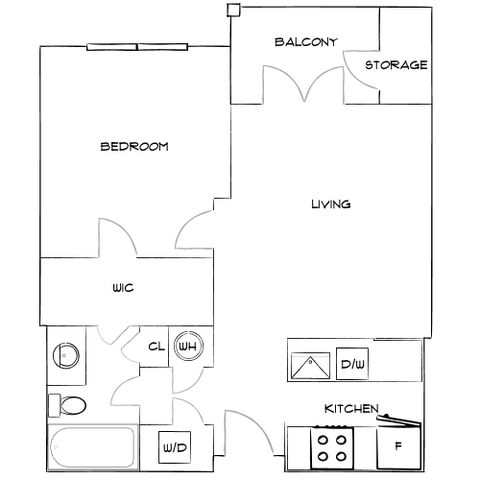Modern floor plan illustrating an open living area with a balcony, one bedroom with attached bathroom, and a functional kitchen with appliances.