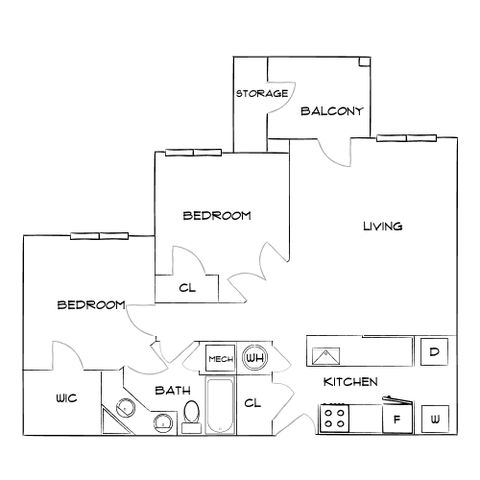 Modern floor plan showcasing 2 bedrooms with closets, a bright living area with balcony access, and a fully-equipped kitchen.