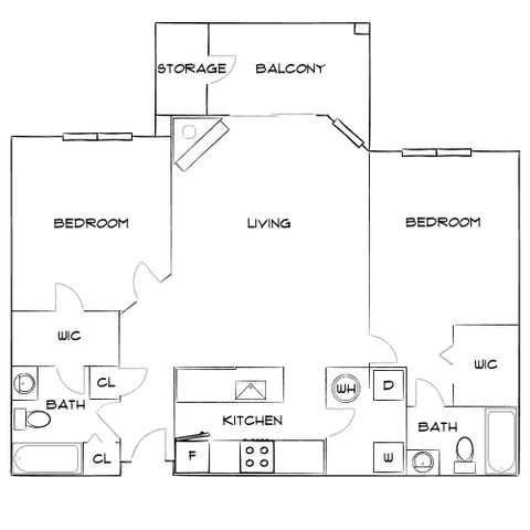 Contemporary apartment floor plan featuring two bedrooms, a spacious living area, open kitchen, and two bathrooms, complete with a balcony and storage.