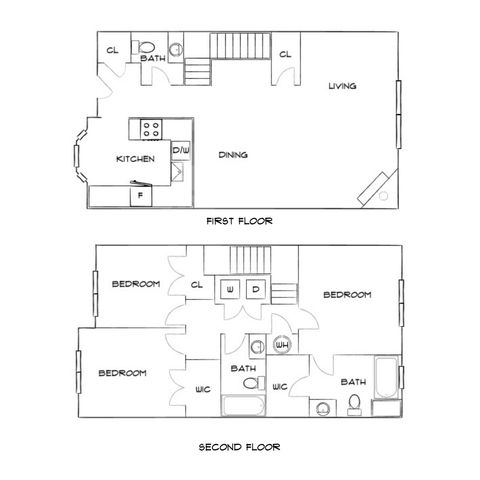 Elegant two-story floor plan showcasing a spacious living and dining area, modern kitchen on the first floor, and three comfortable bedrooms with ample closet space and two bathrooms on the second floor.