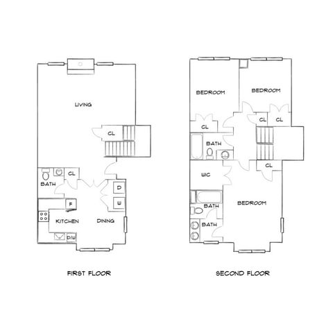 Elegant two-story floor plan showcasing spacious living and dining areas on the first floor, with three bedrooms and two baths on the second floor, designed for comfort and style.