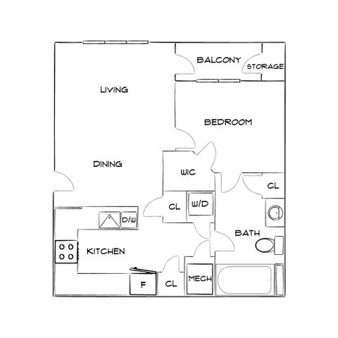 Inviting floor plan featuring a spacious living and dining area, well-equipped kitchen, cozy bedroom with walk-in closet, and a relaxing balcony.