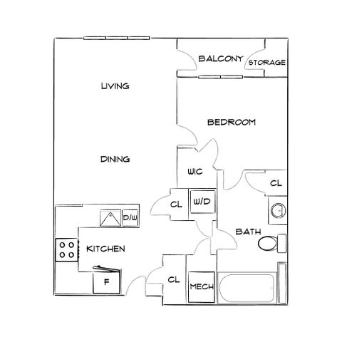 Elegant floor plan featuring 1 bedroom, open living and dining area, modern kitchen, and a balcony with storage.
