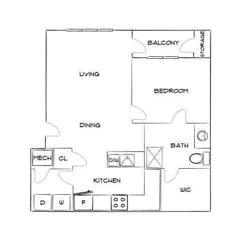 Inviting floor plan showcasing a spacious living and dining area, cozy bedroom with balcony access, and a modern kitchen with storage.