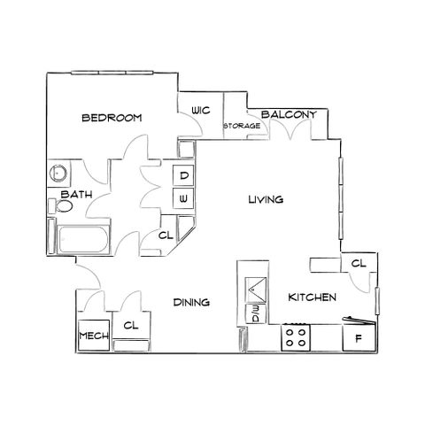 Modern floor plan showcasing 1 bedroom with large walk-in closet, elegant kitchen, open living and dining area, and cozy balcony.