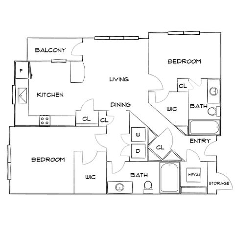 Elegant floor plan showcasing 2 bedrooms, open living and dining area, modern kitchen, two bathrooms, and a private balcony.