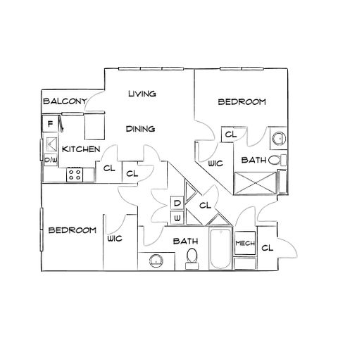 Contemporary 2D floor plan featuring 2 bedrooms with walk-in closets, 2 luxurious bathrooms, an open living and dining area, a modern kitchen, and a cozy balcony.