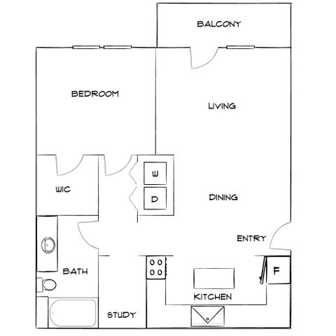 Modern floor plan showcasing a spacious living and dining area, gourmet kitchen, large bedroom, study, and balcony.