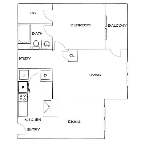 Modern floor plan featuring a spacious bedroom with balcony, open living and dining area, well-equipped kitchen, and study area.