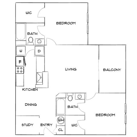 Contemporary floor plan with 2 bedrooms, spacious living area, modern kitchen, and private balcony.