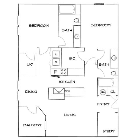 Elegant floor plan featuring 2 bedrooms, 2 baths, open kitchen, dining, and living area with balcony and study.