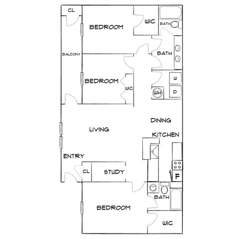 Modern floor plan layout with three spacious bedrooms, inviting living area, functional kitchen with dining space, two elegant bathrooms, and a cozy study room.