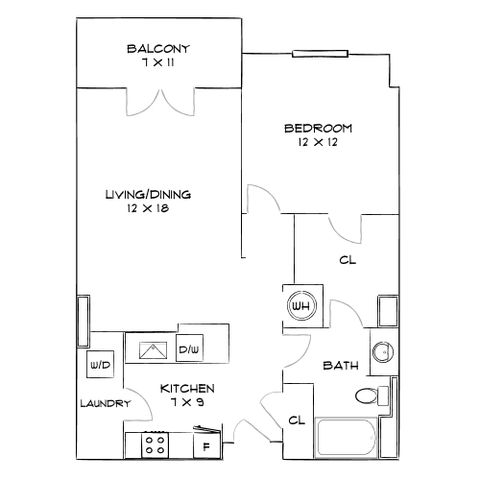 Inviting floor plan with one bedroom, an open-concept living/dining area, modern kitchen, and a private balcony.