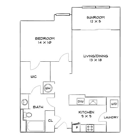 Elegant floor plan showcasing a spacious bedroom, versatile sunroom, and an open living/dining area with well-equipped kitchen, laundry, and bath.