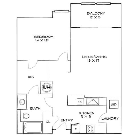 Modern 1-bedroom floor plan featuring open living/dining area, spacious balcony, and efficient kitchen layout with laundry space.