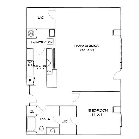 Modern apartment floor plan with one spacious bedroom, open kitchen, laundry area, and generous living/dining space.