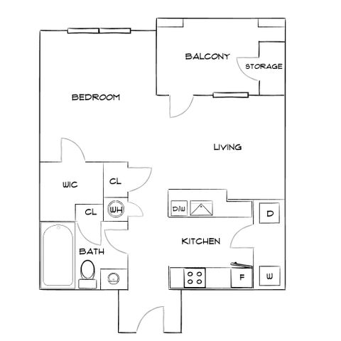 Modern floor plan showcasing one-bedroom apartment with open-concept living and kitchen area, private balcony, and ample storage.