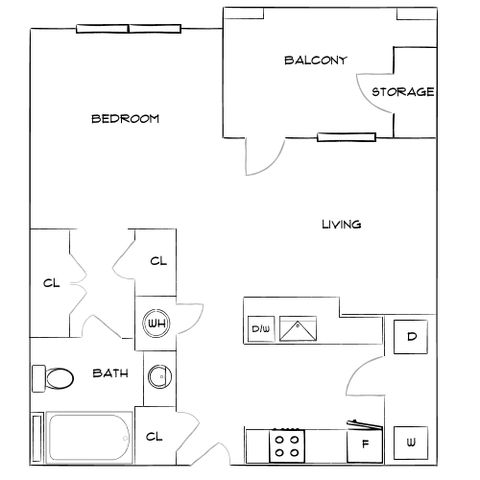 Chic floor plan featuring 1 bedroom, modern kitchen, open living space, bathroom, and a private balcony.