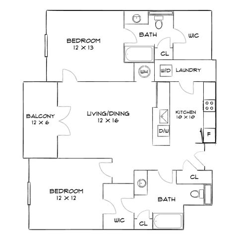 Modern floor plan featuring two spacious bedrooms, open living and dining area, functional kitchen, two bathrooms, and a private balcony.