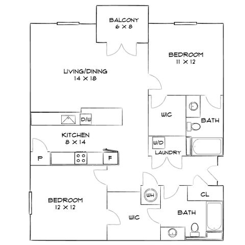 Modern 2-bedroom apartment floor plan with spacious living/dining area, efficient kitchen layout, and cozy balcony.