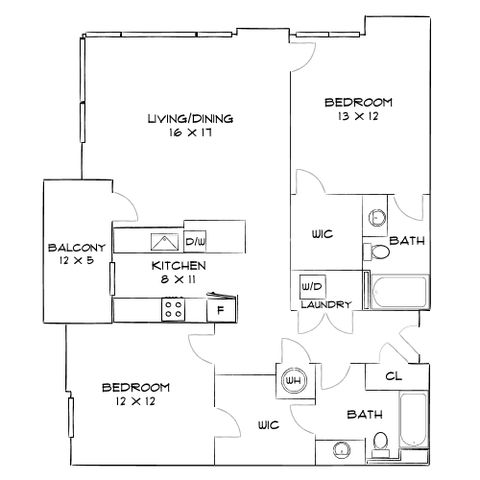 Elegant floor plan with 2 bedrooms, open living/dining area, modern kitchen, and private balcony, ideal for comfortable living.