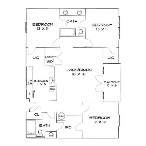 Elegant floor plan featuring three spacious bedrooms, two modern bathrooms, an open living and dining area, a stylish kitchen, convenient laundry space, and a charming balcony.