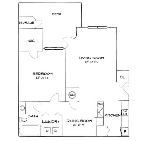 Inviting floor plan with a spacious living room, cozy bedroom, modern kitchen, and convenient laundry area, perfect for stylish living.