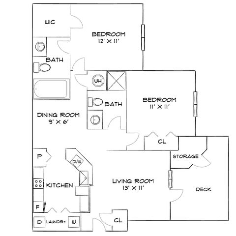 Contemporary floor plan showcasing 2 bedrooms, spacious living room, dining area, and kitchen, complete with deck and storage space.