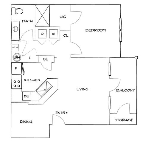 Chic apartment floor plan showcasing 1 bedroom, a spacious living area, modern kitchen, and inviting balcony. Includes bath and laundry space for convenience.