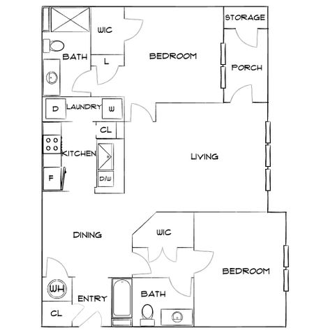 Inviting floor plan showcasing a 2-bedroom layout with a spacious living room, modern kitchen, and convenient laundry area, complete with a porch and ample storage.