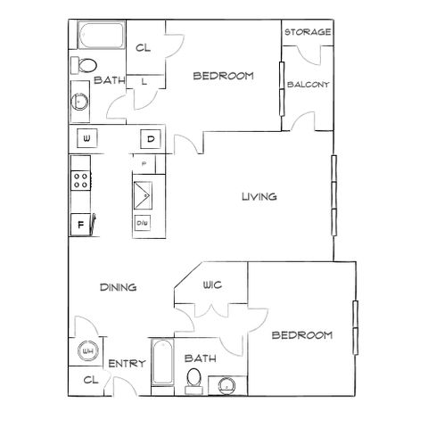Modern floor plan showcasing spacious two-bedroom apartment, open living and dining area, kitchen equipped with washer-dryer, and private balcony.