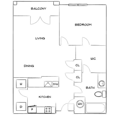 Modern 1-bedroom apartment floor plan featuring an open living and dining area, stylish kitchen, and balcony access.