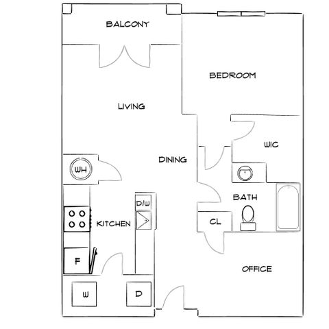 Charming floor plan showcasing a serene bedroom, functional office, and open living space with balcony access.