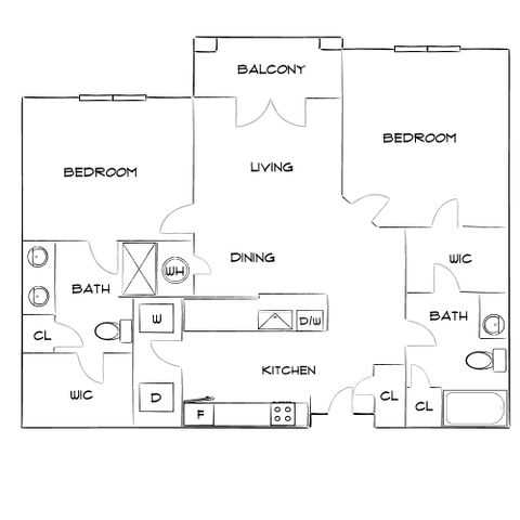 Contemporary floor plan featuring 2 bedrooms, 2 baths, a spacious living area with balcony access, and a modern kitchen with dining space.