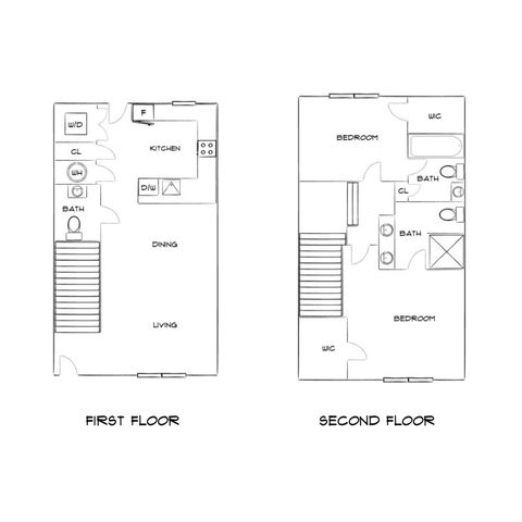 Elegant two-story floor plan featuring two bedrooms with walk-in closet and bathrooms on the second floor, alongside a modern first floor with open living, dining area, and stylish kitchen.