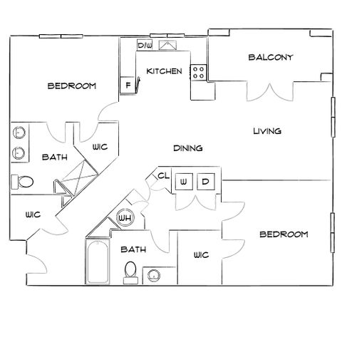 Modern 2D floor plan showcasing 2 spacious bedrooms with walk-in closets, open living and dining area, stylish kitchen, and private balcony.