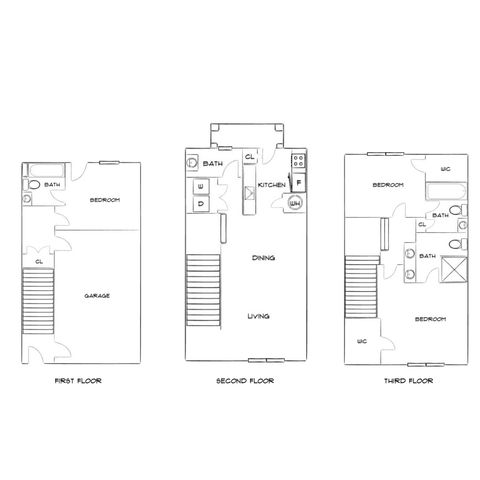 Elegant three-floor layout featuring garage on first floor, spacious kitchen and living area on second, and two bedrooms with baths on third.