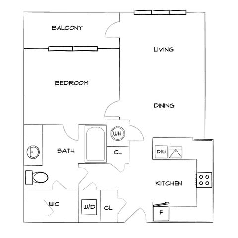 Modern floor plan showcasing a spacious 1-bedroom apartment with a balcony, open living and dining area, and well-appointed kitchen. Includes a full bath and convenient laundry setup.