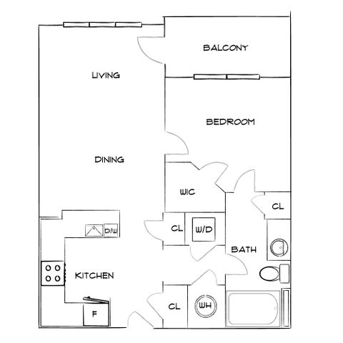 Modern 1-bedroom floor plan featuring an open-concept living and dining area, a spacious kitchen, and a private balcony.
